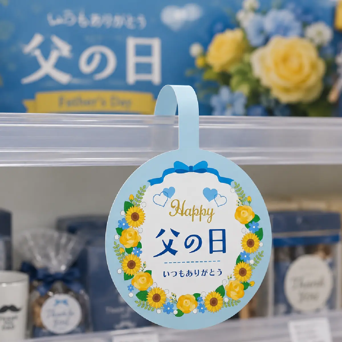 商品棚に取り付けたスイングPOPの使用イメージ